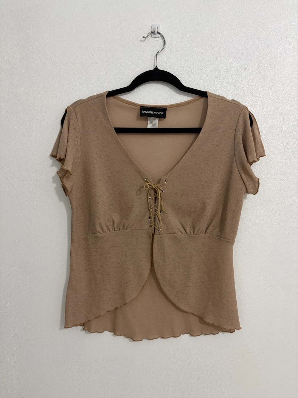 Marianne Taupe Lace-Up V-Neck Flutter Sleeve Top